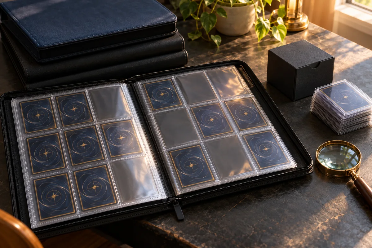 Álbum com cartas protegidas, caixa organizadora e lupa sobre uma mesa
